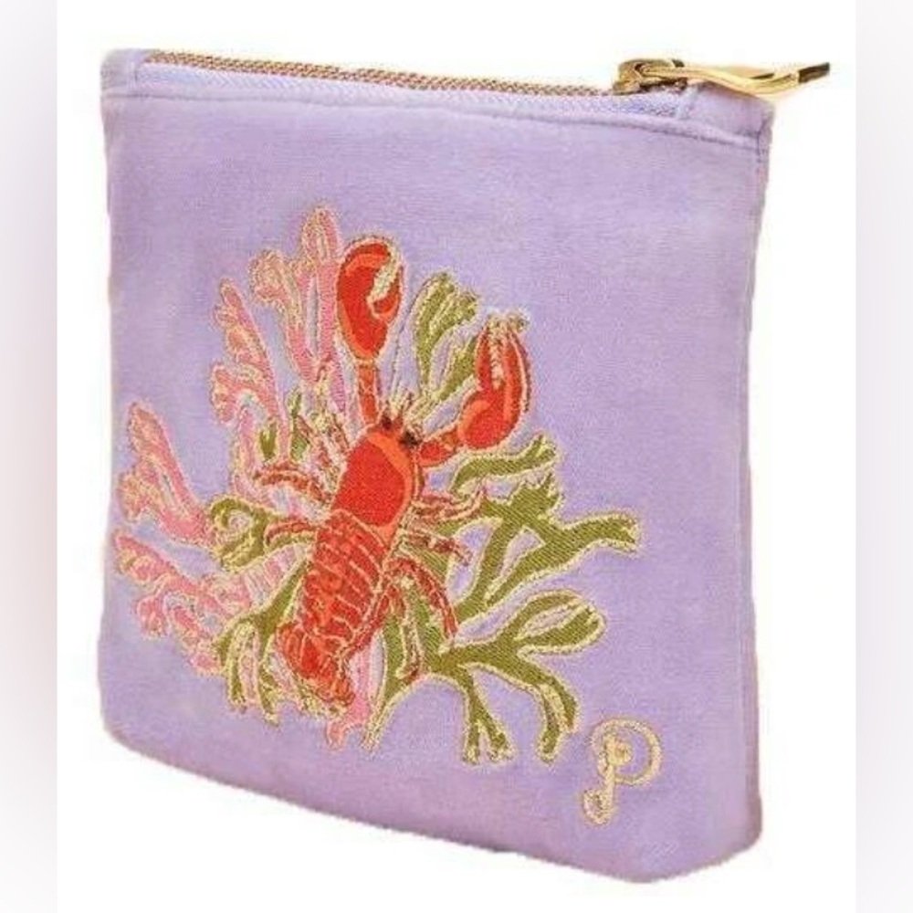 Powder UK Lobster Buddies lavender velvet embroidered mini zip pouch-NWT